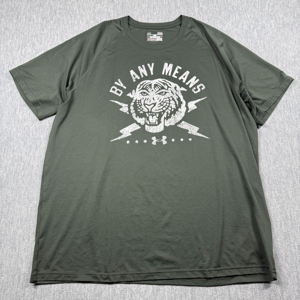 Under Armour Shirt Mens L Green HeatGear Loose Fit Tiger Graphic Print Crew Tee